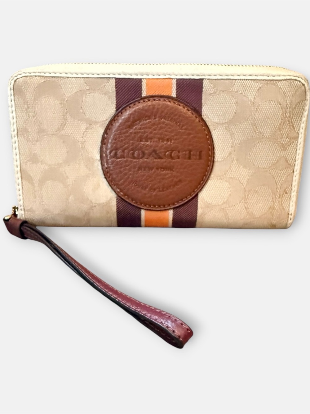Coach Dempsey Phone Wallet Wristlet Signature Jacquard w/ Stripe & Coach Patch